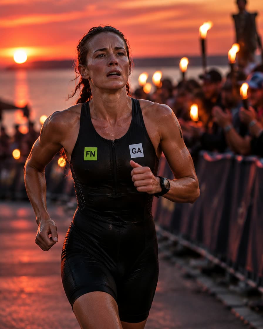Ironman athlete wearing sponsor logos